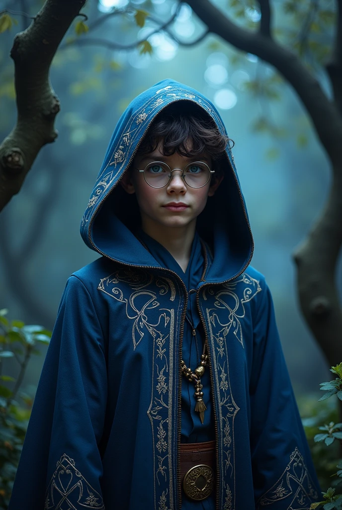 Young human
Dark brown, wavy, short-haired wizard wearing glasses and a medieval robe