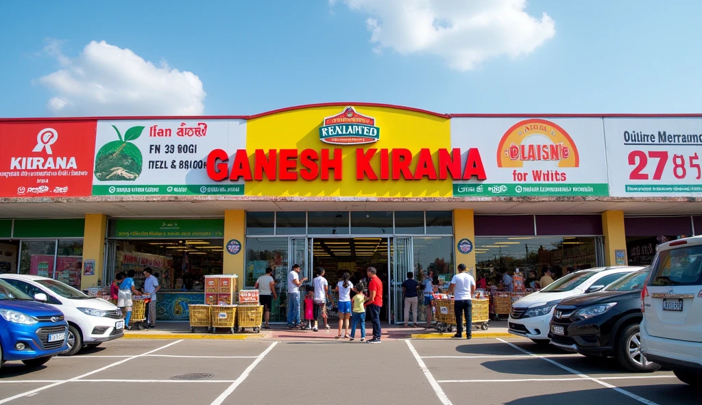 A BIG SUPERMARKET STORE NAMED AS GANESH KIRANA IN ENGLISH IN DAYLIGHT