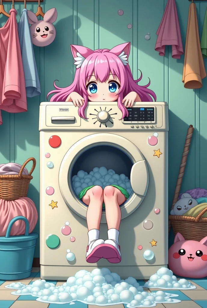 Waifu is stuck with half her body in an anime-style washing machine
