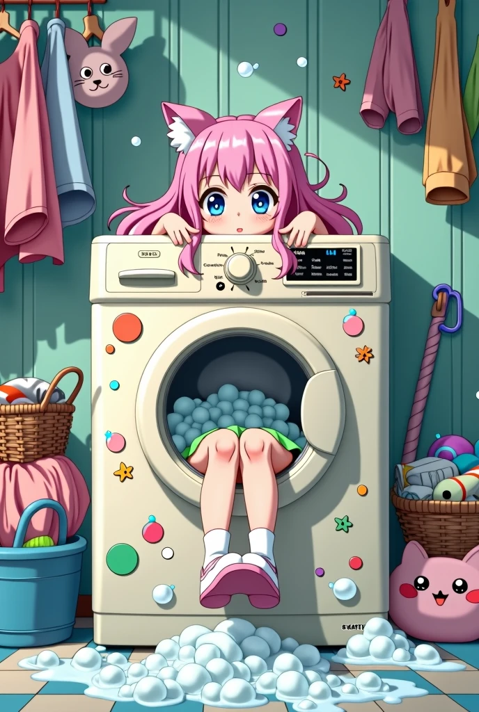 Waifu is stuck with half her body in an anime-style washing machine
