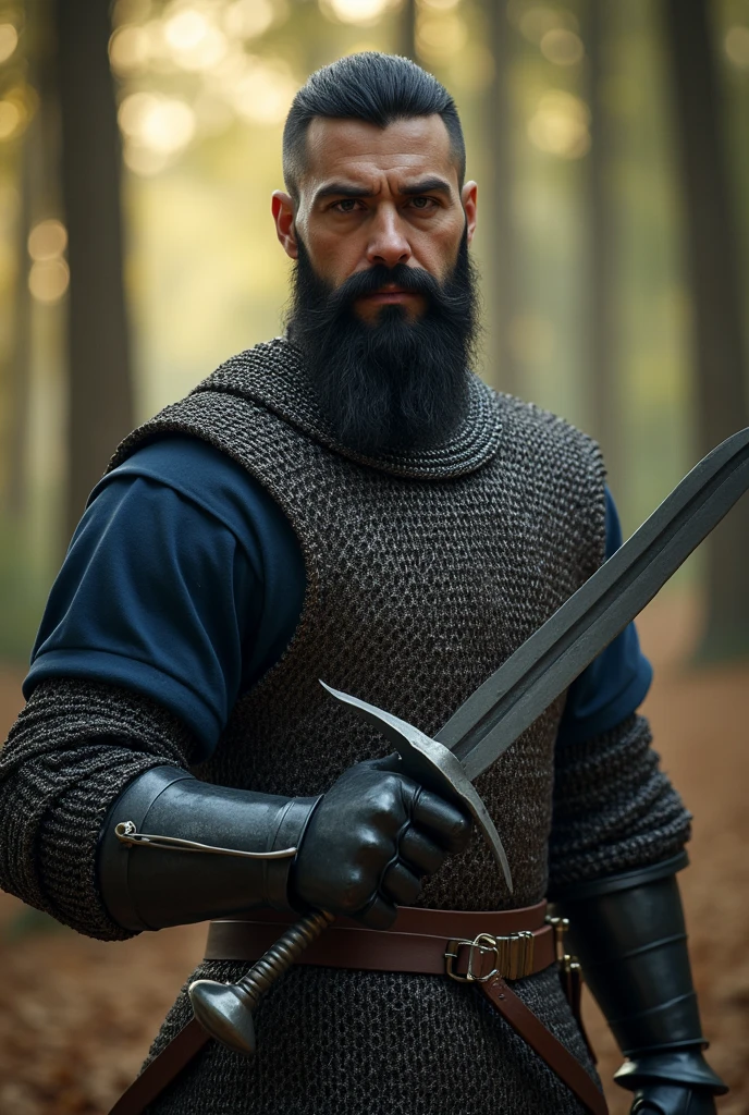 (Photorealism:1.2), He is a 27 year old human knight with a short black beard.. He is 1.80 meters tall., il n'a pas de gants. His right hand is black with scales. Il a une épée en fer. He wears a chain mail.
He has a dark blue short-sleeved shirt.
