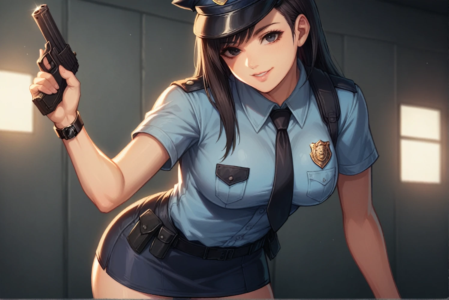  1 person, police, Adult, resident evil style, sexy police officer in uniform, Short sleeve,Ultra mini skirt,watch,slim, evening, Soft Light, Facial details, Kind Face, Long black hair, Beautiful Skin, fringe, Pale pink lips, with a gun in hand, smile, Big black eyes, Looking at the audience, none. -- realistic style - imagine -    