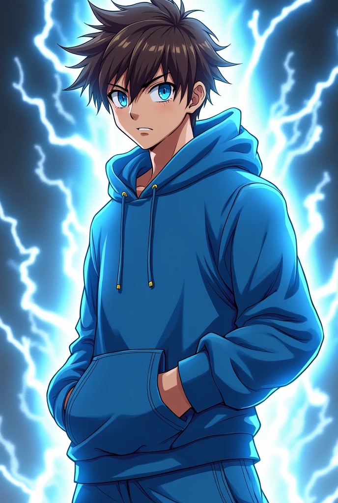 anime style guy with, brown hair blue eyes, with a electric affect coming from his eyes, his wearing a blue hoodie, blue sweat pants, his in a battle pose make him look older with a little facial hair and remove the back ground but keep the electricity and show his full body with his legs