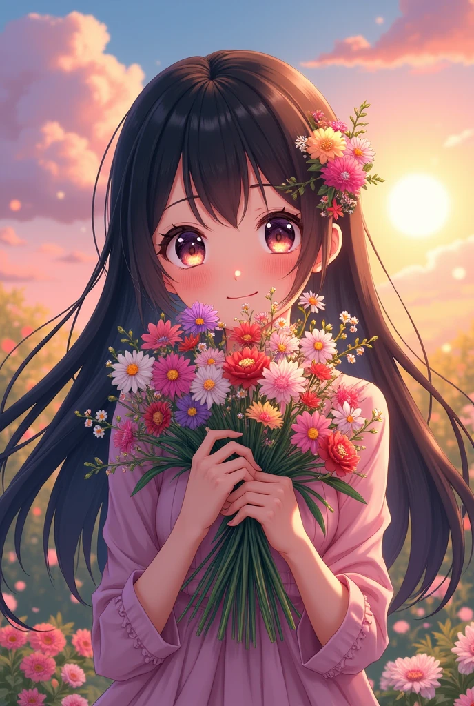 anime girl with long black hair, flowers tied to the back of hair, holding bouquet of flowers to the face