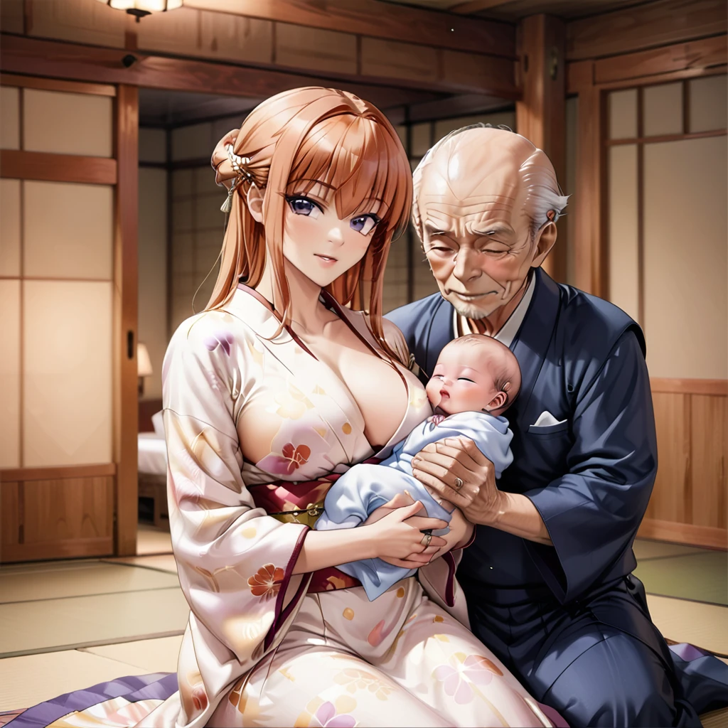 ((The woman is leaning against an old man, holding a baby.))、((Highest quality)), ((masterpiece)), (detailed), （Perfect Face）、The woman is Maya Cordelia, with medium-long orange hair, a gorgeous and glittering kimono, her hair tied in a Japanese style, and an engagement ring.、The woman, nestled beside her elderly husband in the tatami-floored bedroom at night, is cradling the baby.、The old man is wearing an engagement ring