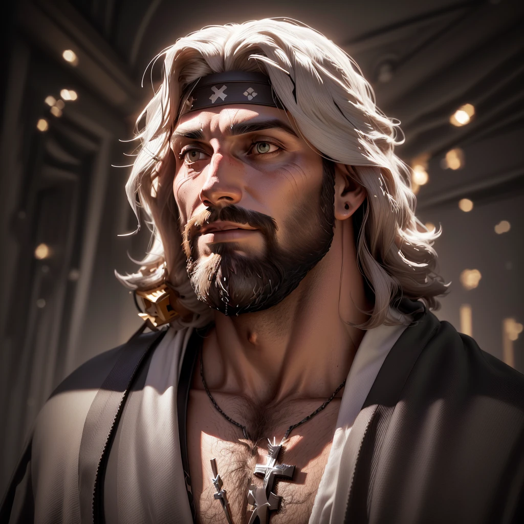 image of bearded Jesus with a cross on his chest, renderizado em corona, JesusChrist, inspired in Johannes Helgeson, rendered in unreal motor 5, portrait of JesusChrist, nicodemus, 3 d render offcial art, offcial art, small character. unreal motor 5, 8k uhd character details, epic white lighting