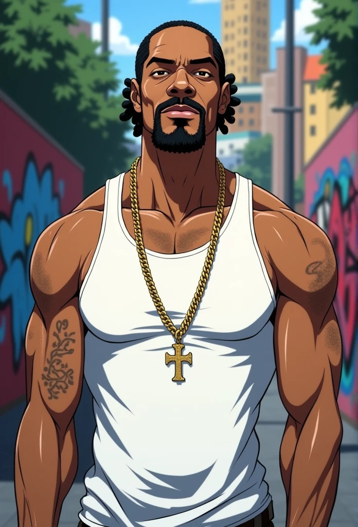 Man in white tank top, with beard, anime art, visual principal de anime de Snoop Dogg, finely detailed perfect face, very high quality art, directed gaze
