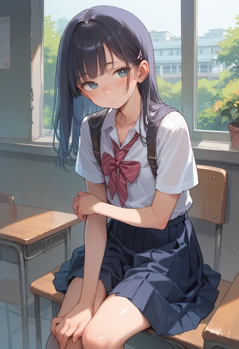 18s,classroom、School、Black socks、skirt、Purple ribbon、stand,4 people:1.5,Random hairstyle、Harem、pantydrop,Change of clothes