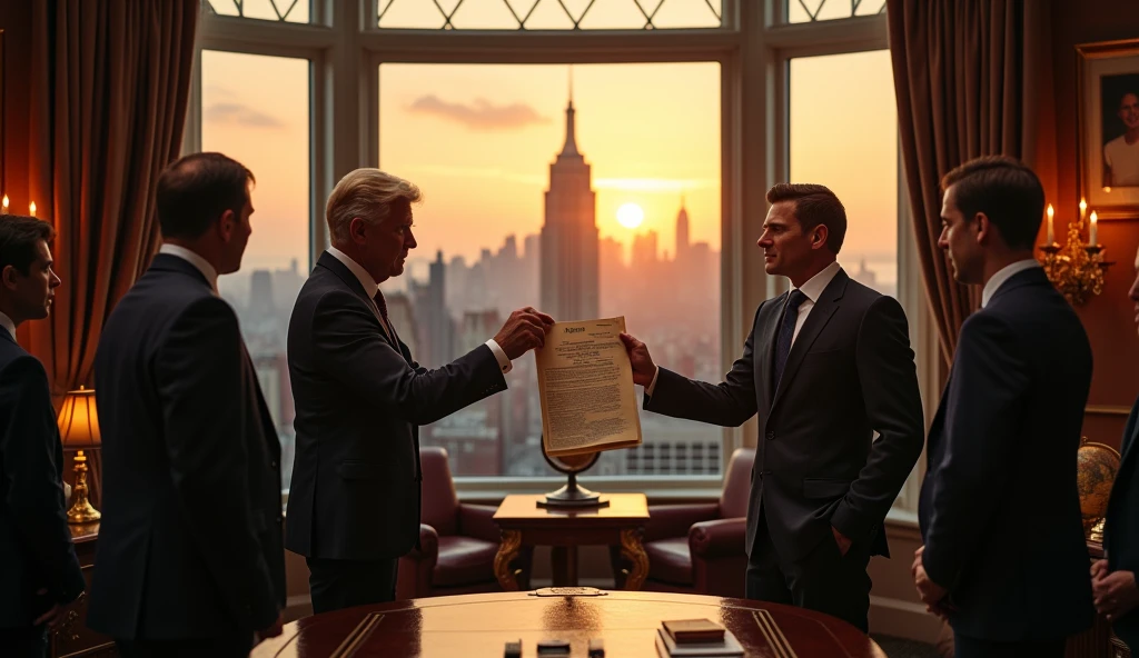 A dramatic scene in a luxurious office, with floor-to-ceiling windows overlooking a city skyline. James Dalton, a middle-aged man in a sharp suit, stands confidently beside a large desk adorned with expensive artifacts—leather-bound books, a globe, and framed family photos. He holds a file in his hand, revealing the evidence of Jake’s betrayal. Ethan stands beside him, looking relieved, while a school principal and other adults in professional attire look shocked