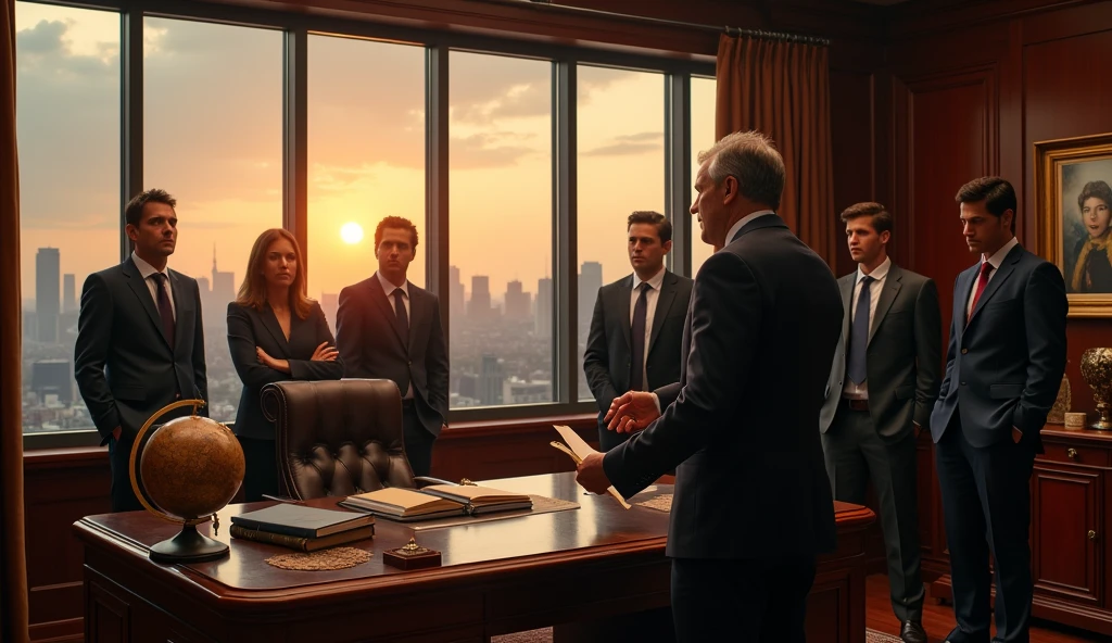 A dramatic scene in a luxurious office, with floor-to-ceiling windows overlooking a city skyline. James Dalton, a middle-aged man in a sharp suit, stands confidently beside a large desk adorned with expensive artifacts—leather-bound books, a globe, and framed family photos. He holds a file in his hand, revealing the evidence of Jake’s betrayal. Ethan stands beside him, looking relieved, while a school principal and other adults in professional attire look shocked