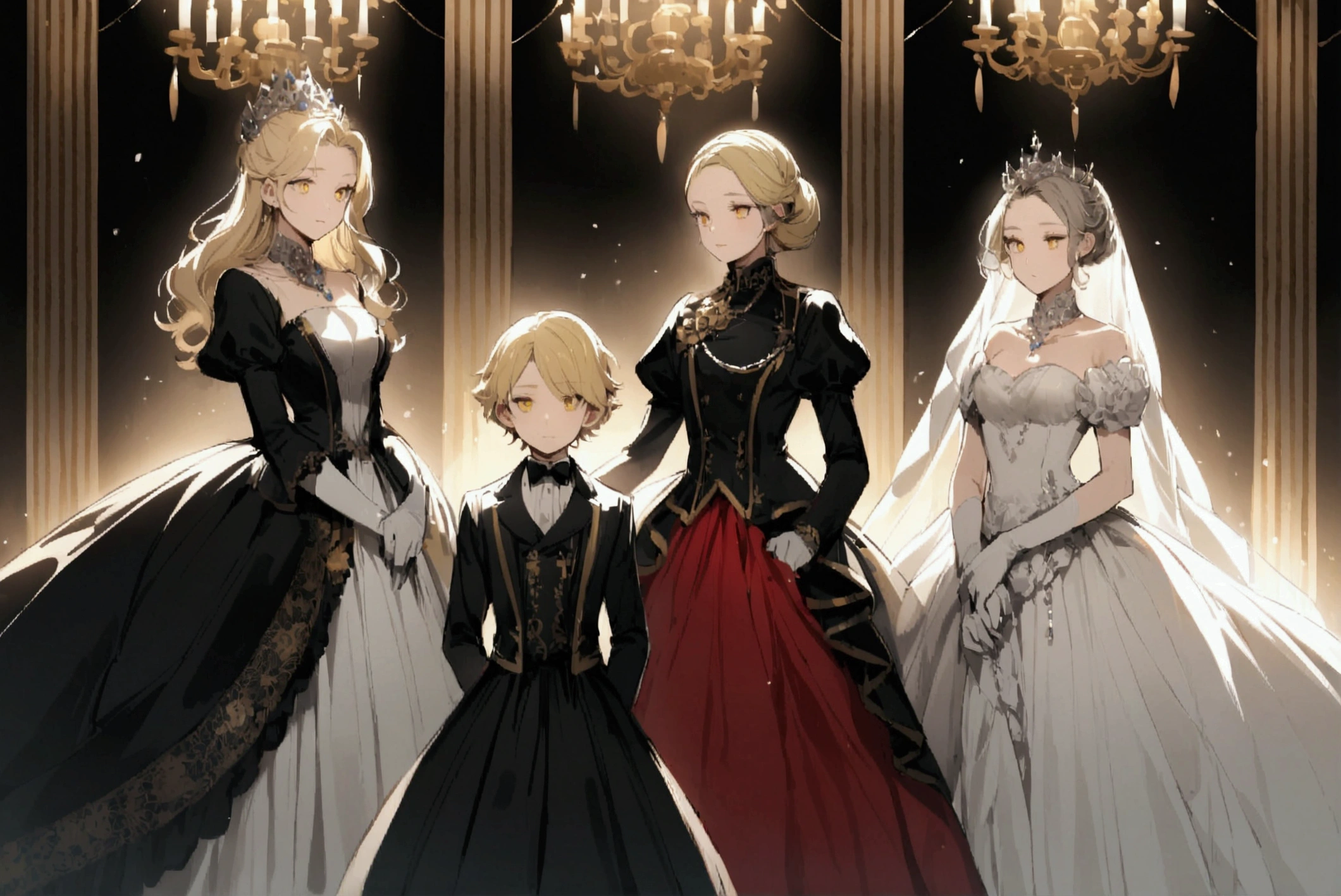 Three children, two princes and a princess, with black and blonde hair, black and yellow eyes, elegant