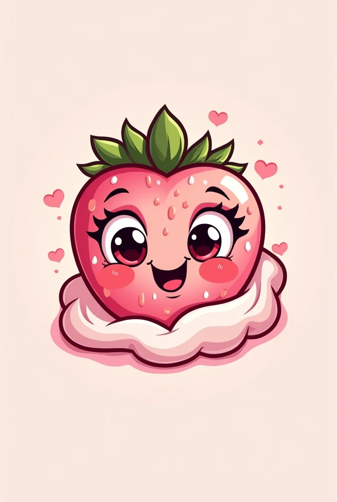 Logo for a strawberries and cream business with a pink strawberry ( cartoon character)