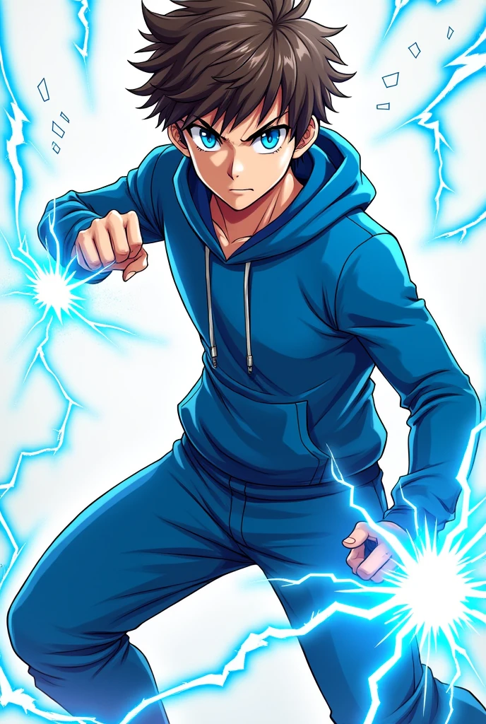 anime style guy with, brown hair blue eyes, with a electric affect coming from his eyes, his wearing a blue hoodie, blue sweat pants, his in a battle pose make him look older with a little facial hair and remove the back ground but keep the electricity and show his full body with his legs