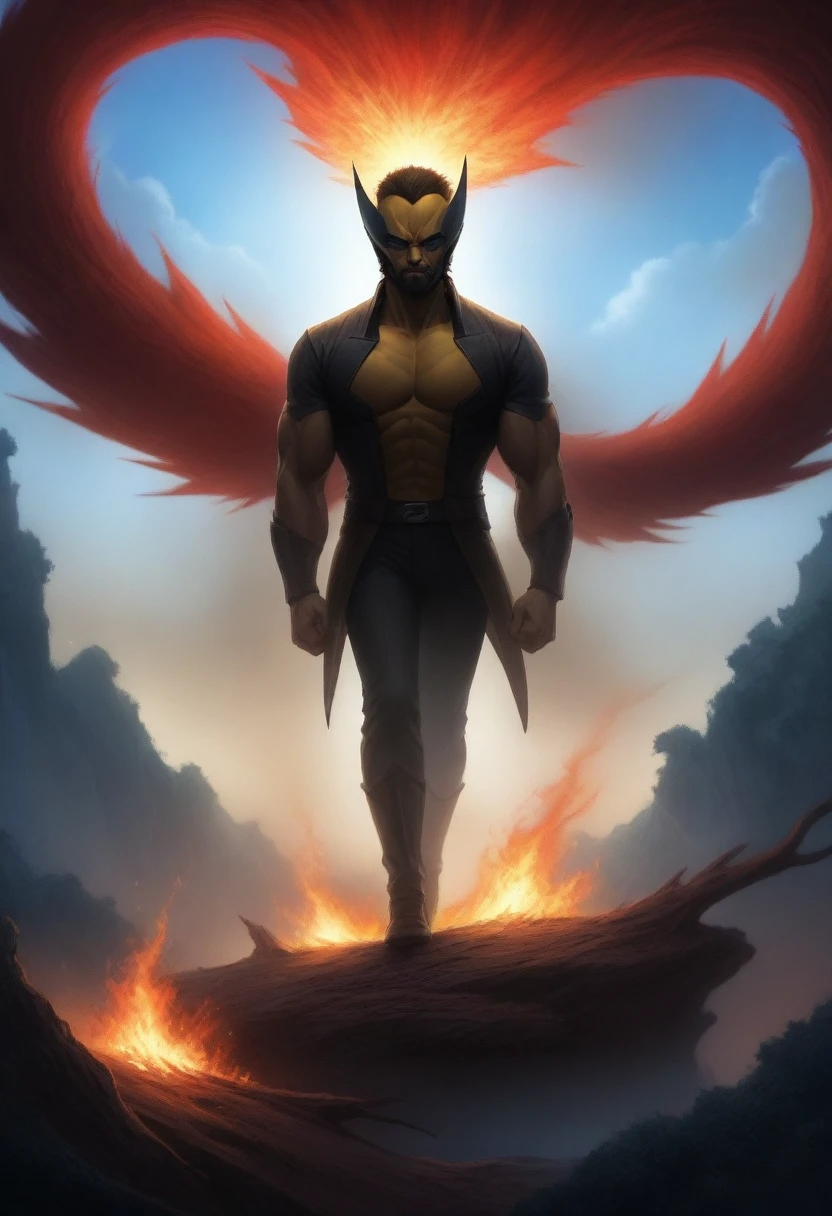 Male ein surreales Bild von Hugh Jackman als Wolverine. With Mask. Waiting position with a view into the distance, in a mystical forest with a beautiful sky. Far above, a burning red phoenix hovers in the sky between the clouds.