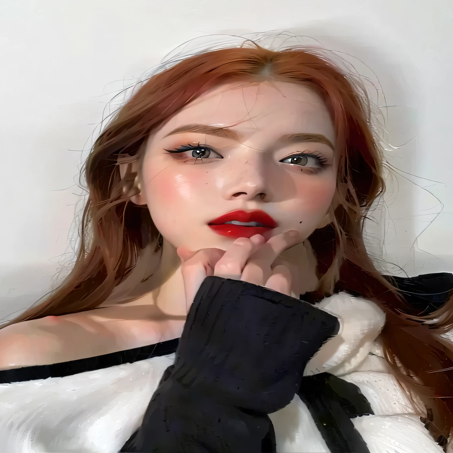 arafed woman with red hair and a black and white sweater, faint red lips, thick red lips, red lips, sexy red lips, small and thick red lips, light-red lips, emma stone, thick lips, glossy lips, deep red lips, sexy lips :5 stylish, big red lips, red lipstick on face, luscious red lips, parted lips