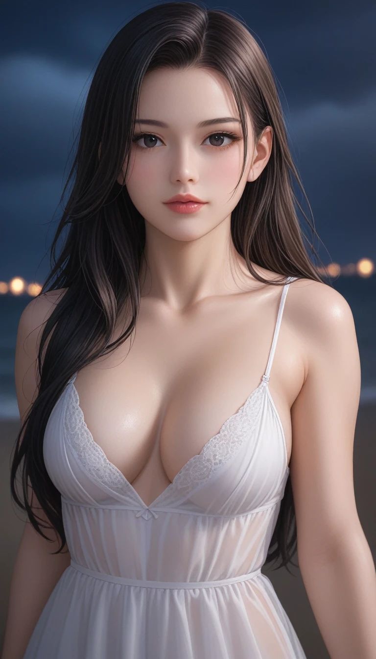 score_9, score_8_superior, score_7_superior, High-resolution CG illustration,A masterpiece in 32K resolution,Highest quality,it is really amazing,Very detailed,Ultra-high resolution,Ultra-realistic,Realistic,Increased depth of field,Cinematic lighting,
Sexy mature Japan woman,
Glossy black hair,Wavy long hair,Showing his forehead,god々Beautiful,Ultra-detailed and beautiful face,Sensual look,Beautiful dark brown, moist eyes,Pitch black eyes,Glowing, moisturized skin,Translucent white skin,born々New skin texture,Great proportions,
White camisole long dress,
Wide open chest design,Deep slit showing the thighs,Detailed race decorations,詳細なborn地の質感,
A dark and blurry night background,Dark overcast sky on a dull night,Dark clouds filling the sky,Thundercloud,Coastline at night,Golden reflections on the sea surface,delay々A desolate sandy beach that continues,
Beautiful cleavage,Face close-up,High angle,