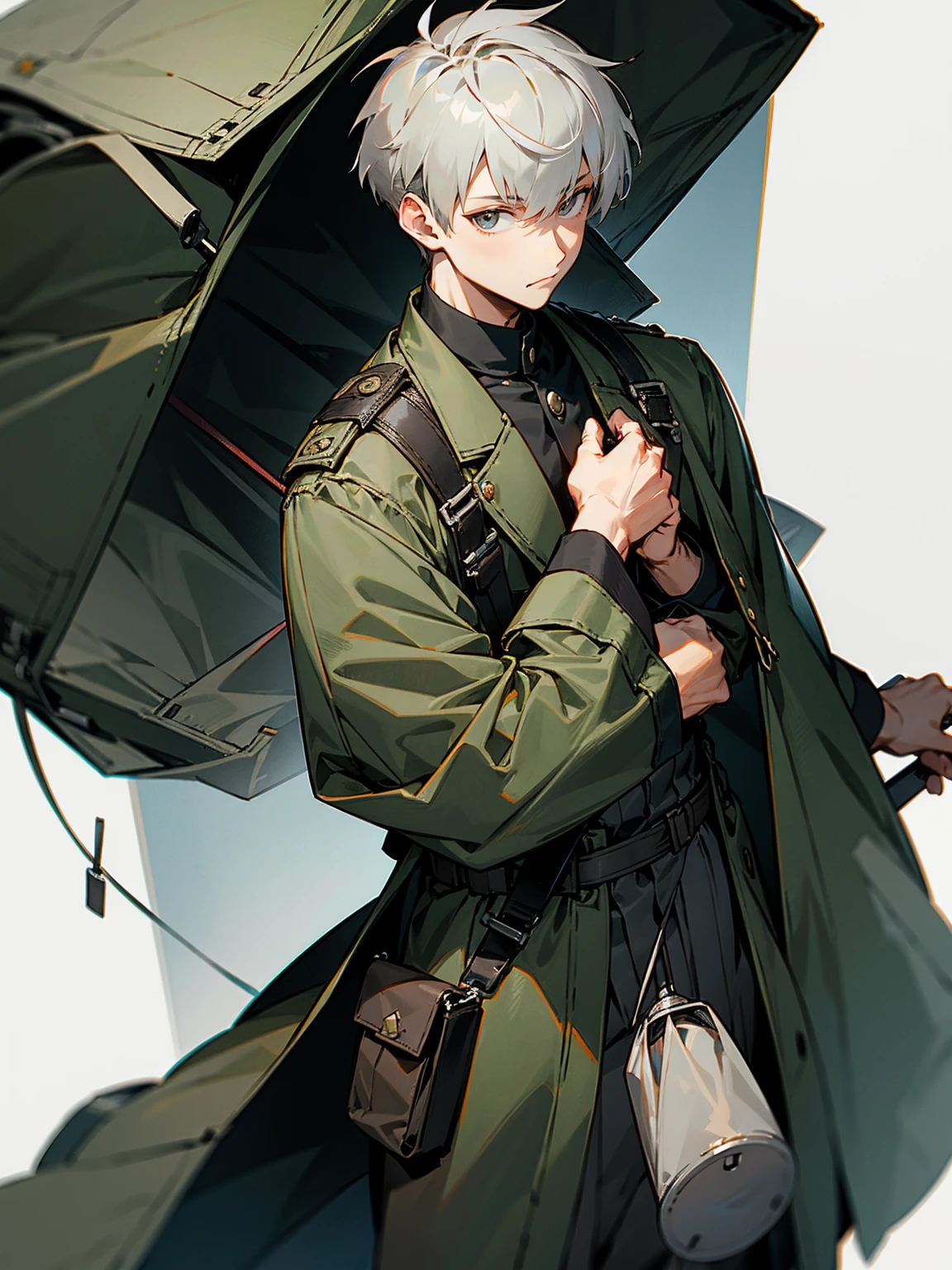 1male, grey hair, short hair, low cut hair, military outfit, duffel bag