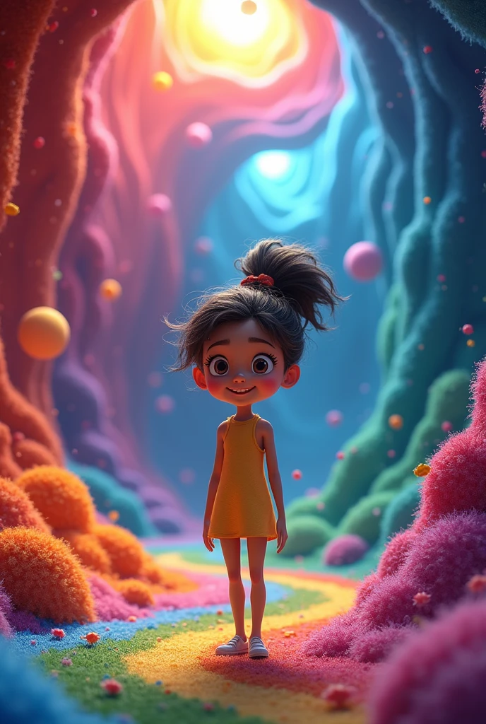 Viñeta 1: The Student's Mind Background: A colorful and animated labyrinth, representing the student's mind.Characters: riley (with an expression of enthusiasm), solid (with a firm and solid appearance), liquid (with a fluid appearance), Gaseous (with an ethereal air).Dialogue: riley dice, “Today we're going to explore physical and chemical changes!”