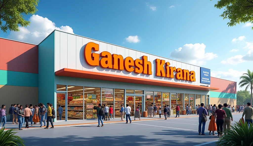 GIANT SUPERMARKET STORE NAMED AS GANESH KIRANA IN ENGLISH IN DAYLIGHT 