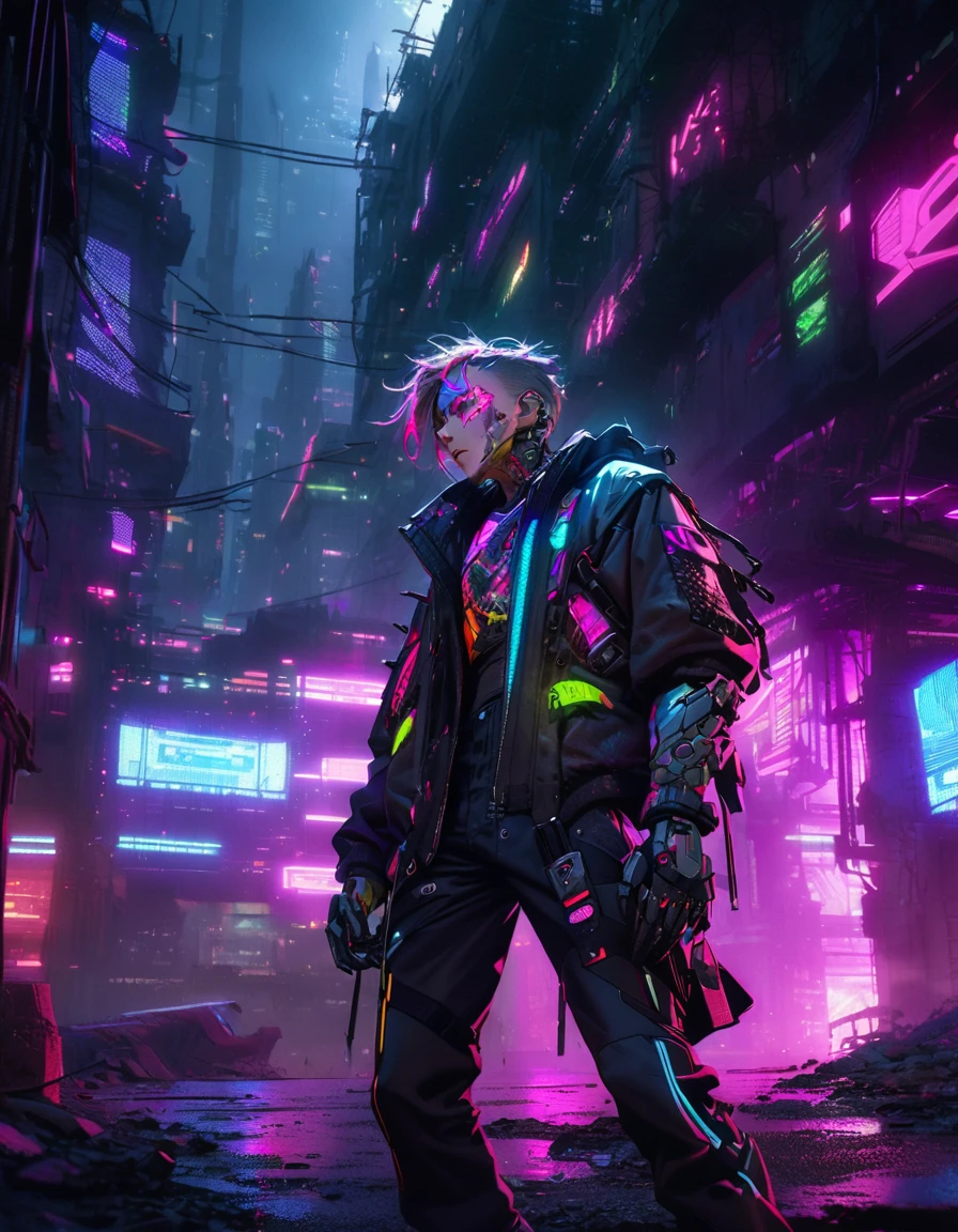 A cyberpunk adult man, punk clothes, cybernetics, vibrant colors, detailed face, intricate mechanical details, cinematic lighting, dystopian cityscape, advanced technology, neon glow, dark atmosphere, gritty urban environment, dramatic pose, high-tech prosthetics, glowing circuits, industrial setting, moody color palette, sharp contrasts, hyper-detailed rendering, masterpiece