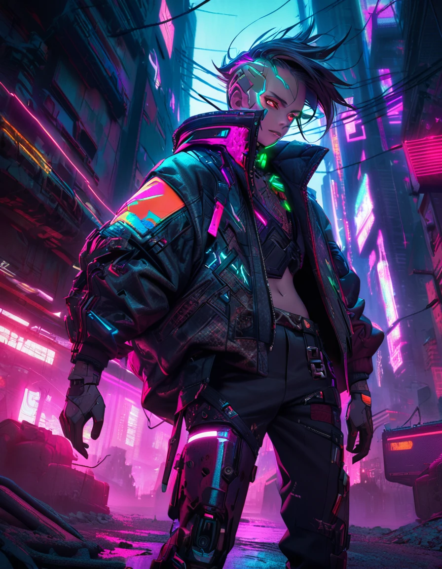 A cyberpunk adult man, punk clothes, cybernetics, vibrant colors, detailed face, intricate mechanical details, cinematic lighting, dystopian cityscape, advanced technology, neon glow, dark atmosphere, gritty urban environment, dramatic pose, high-tech prosthetics, glowing circuits, industrial setting, moody color palette, sharp contrasts, hyper-detailed rendering, masterpiece