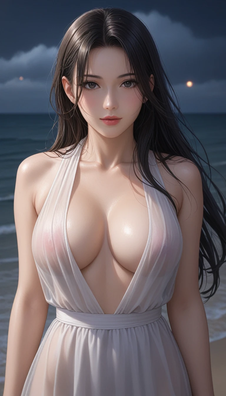 score_9, score_8_superior, score_7_superior, High-resolution CG illustration,A masterpiece in 32K resolution,Highest quality,it is really amazing,Very detailed,Ultra-high resolution,Ultra-realistic,Realistic,Increased depth of field,Cinematic lighting,
Sexy mature Japan woman,
Glossy black hair,Wavy long hair,Showing his forehead,god々Beautiful,Ultra-detailed and beautiful face,Sensual look,Beautiful dark brown, moist eyes,Pitch black eyes,Glowing, moisturized skin,Translucent white skin,born々New skin texture,Great proportions,
白色の女godドレス,
Wide open chest design,Deep slit showing the thighs,Detailed race decorations,詳細なborn地の質感,
A dark and blurry night background,Dark overcast sky on a dull night,Dark clouds filling the sky,Thundercloud,Coastline at night,Golden reflections on the sea surface,delay々A desolate sandy beach that continues,
Beautiful cleavage,Face close-up,High angle,