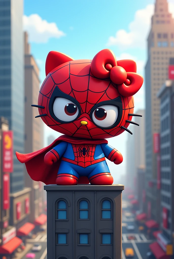 Create a Hello Kitty dressed as Spiderman, without cape, in a city 
