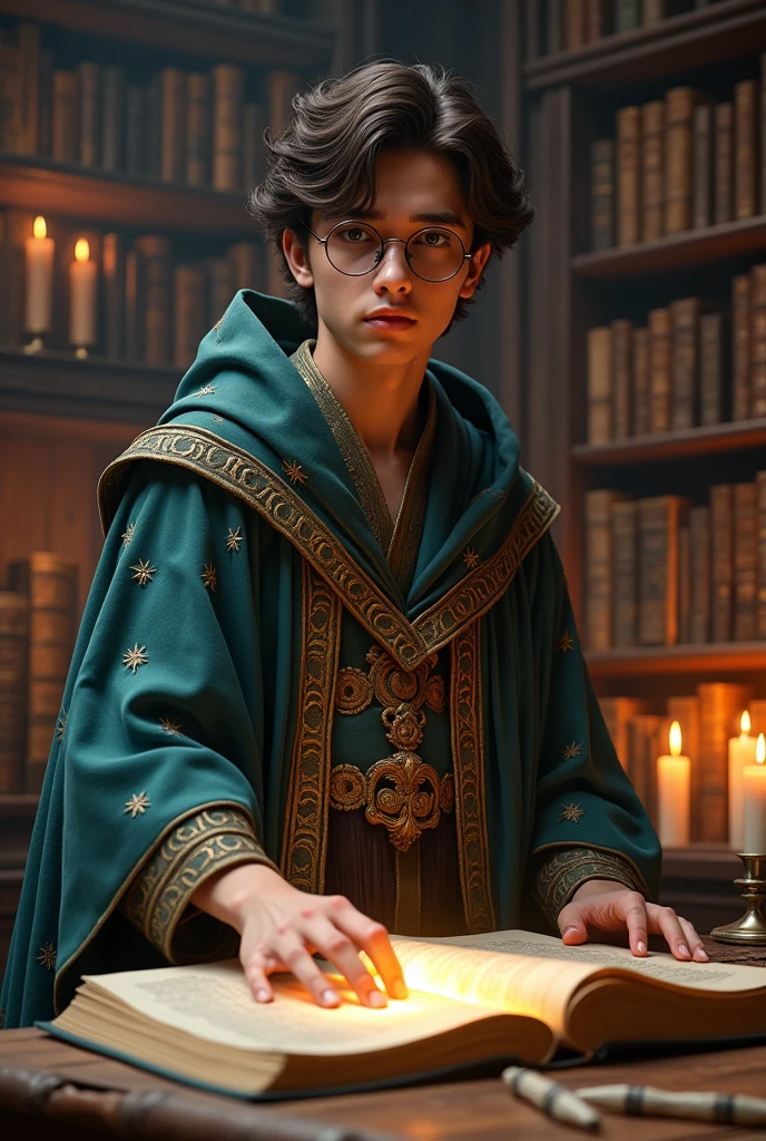 Young human wizard with short, wavy dark brown hair wearing glasses