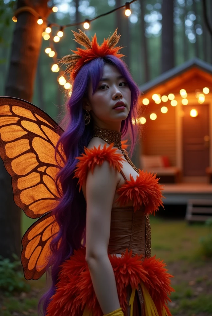 Korean butterfly woman with purple hair wearing a 2000s themed outfit with red, yellow, and brown feathered clothing and shimmering brown butterfly wings. She's at a forest party at night in a cabin with slender pine trees, a perfect body and short clothing, and a perfect face. 