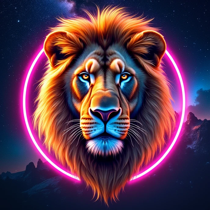 A lion's head, neon lights in the background, Night with many stars, Portrait, Lion from the front, neon lights around the lion, artwork, realisti, Sykes inscription underlined in graffiti font in neon style in the foreground, neon circle around the lion in the background, different colors, Front Portrait, Milky Way in the background,