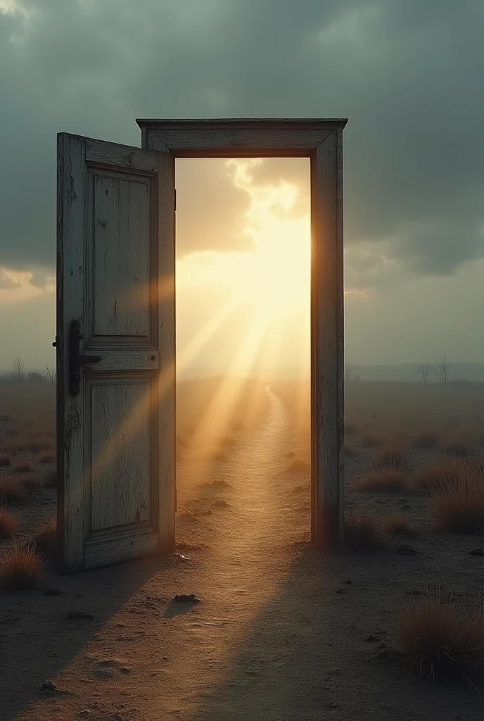 An image of a half-open door or a path opening up in a bleak landscape, Implying the idea of moving towards something better. The light filtering through the door or path could represent hope and change.