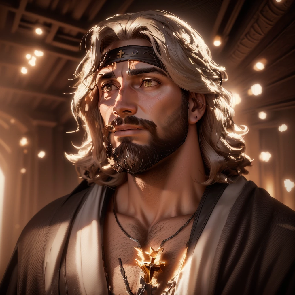 fantasy image of Jesus with a beard and a cross on his chest, renderizado em corona, JesusChrist, inspired in Johannes Helgeson, rendered in unreal motor 5, portrait of JesusChrist, nicodemus, 3 d render offcial art, offcial art, small character. unreal motor 5, 8k uhd character details, epic lighting