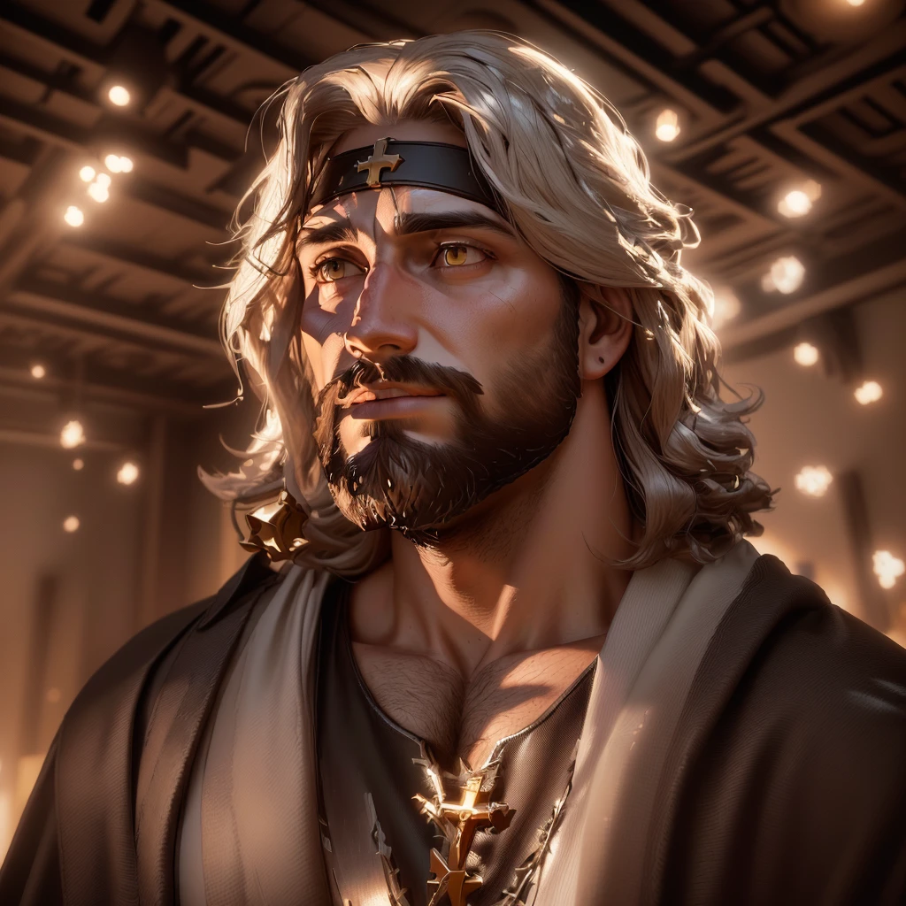 fantasy image of Jesus with a beard and a cross on his chest, renderizado em corona, JesusChrist, inspired in Johannes Helgeson, rendered in unreal motor 5, portrait of JesusChrist, nicodemus, 3 d render offcial art, offcial art, small character. unreal motor 5, 8k uhd character details, epic lighting
