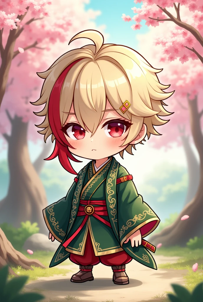 Create a chibi drawing in the style of the game's official art "genshin impact" featuring the character Kaedehara Kazuha, the platinum blonde with a red strand on the left side of their bangs, With samurai style clothing
