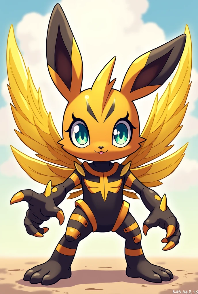 A anime style chibi digimon humaniod creature.
Appearance: a chimera , half bunny half man half hornet. With big wings, Big anime eyes. Two Big stingers for hands and wearing a biological exoskeleton
Style : cel shaded , 3d , anime, Full-body, t pose.
Colors: black and yellow and gold
This is a digimon