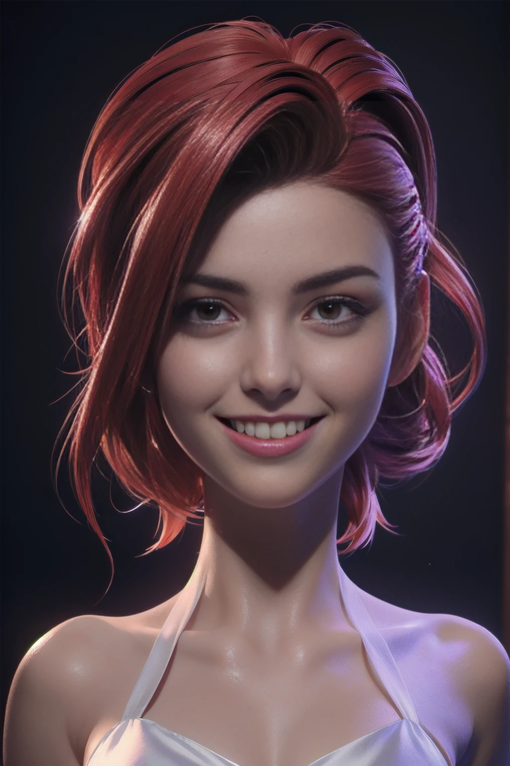 highly detailed, 8k, masterpiece, 1girl, Red tied_hair, sexy dress , crazy_smile, (perfect_face), detailed_background, full_body, bloom,(beautiful lighting:1.3), caustics, dynamic lighting, from_below 