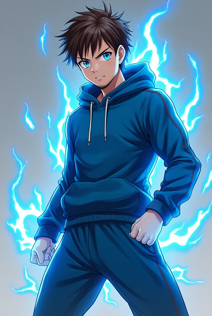 anime style guy with, brown hair blue eyes, with a electric affect coming from his eyes, his wearing a blue hoodie, blue sweat pants, his in a battle pose make him look older with a little facial hair and remove the back ground but keep the electricity and show his full body with his legs