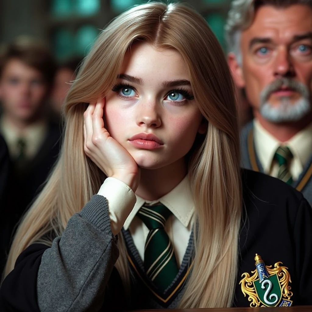 Girl with harry potter theme of 1.64 m ash brown hair with blonde and black streaks, blue eyes with a touch of gray,