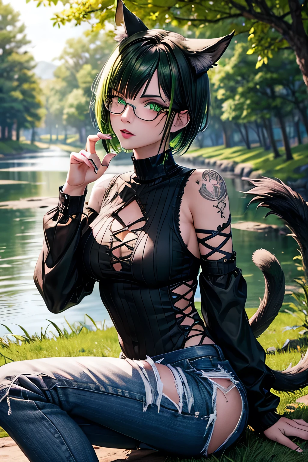 1 goth miqo'te woman, cat ears with green tips, black and green short wolf cut hair with green highlights, freckles, pale skin, black cat tail, (glasses), green eyes, green lipstick, thick thighs, masterpiece), (detailed face:1.2), beautiful, clear image, (best quality:1), extremely detailed face, pov, looking at viewer, twilight, autumn, sitting by tree next to pond, dragonflies, outside, tattoos, goth casual clothing, (black ripped jeans), sweater