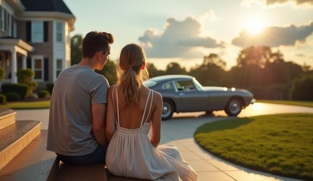 A reflective moment on the steps of a grand suburban home, with Ethan and Olivia sitting side by side on the front steps. The house is large and impressive, with a well-kept lawn and a driveway with a luxury car parked in it. Ethan is dressed in casual, comfortable clothing, looking pensive, while Olivia, in a simple dress, gazes at the sky. The scene captures a mix of hope and uncertainty as they consider their future together.