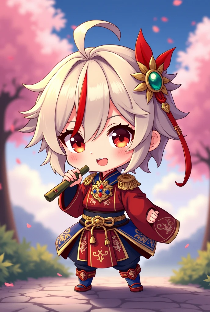 Create a chibi drawing in the style of the game's official art "genshin impact" featuring the character Kaedehara Kazuha, the platinum blonde with a red strand on the left side of their bangs, With samurai style clothing
