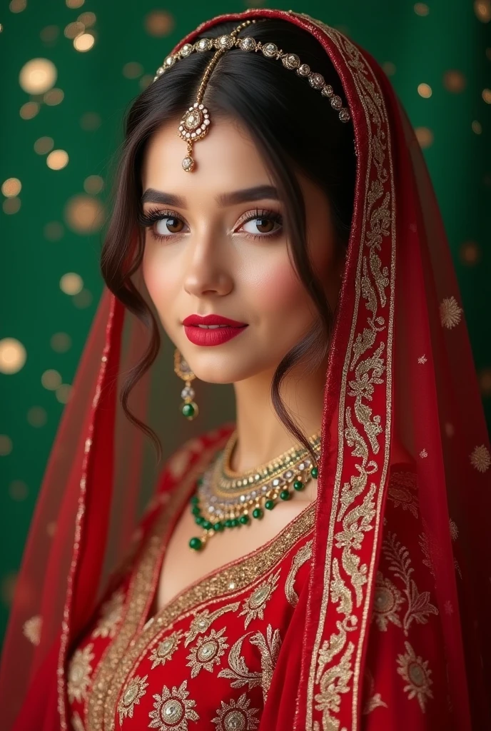 Create a 3D illustration of A 20 year-old girl wearing pakistani Bridel dress in red color with beautiful bridal makup like kashee's artist salon mAkup & beautiful jewelry only her face & half body i want her image for a beauty salon bridel makup service ads. Her makup is perfect & beautiful she is looking soo beautiful & beckground thame is luxery gulter c green don't show her body