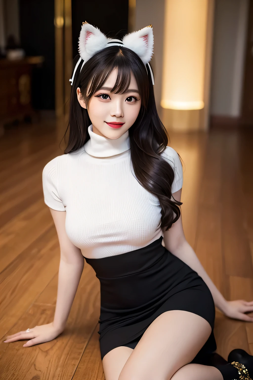 (ultra high quality, realistic photo) Chinese Hanfu young woman with long, wavy, black colored hair with perfect bangs、Sitting gracefully in a tight turtleneck sweater and high waist long skirt、There is a mix of red colors、Adorned with glittering embellishments and a large bow on the bust。She has big fluffy cat ears on her head、Matching soft and fluffy tail。Her eyes are large and seductive half closed、A calm and attractive look。The scene is softly lit with a magical, dreamy atmosphere.、It highlights her smooth skin and the intricate details of her outfit.、It adds to the whimsical nature of her look.。The background is soft and blurry、Enhances the ethereal feel of the image。
seductive, eyeliner and eye shadow, tight clothing, sitting crossed-legged, legs are crossed, 3 meter long hair, extremely long hair, shampoos hair everyday for the last 10 years, hair touching the floor, goddess, thin beautiful, red lipstick, arms squeezing breasts, smirk, hypnotized, brainwashed, happy