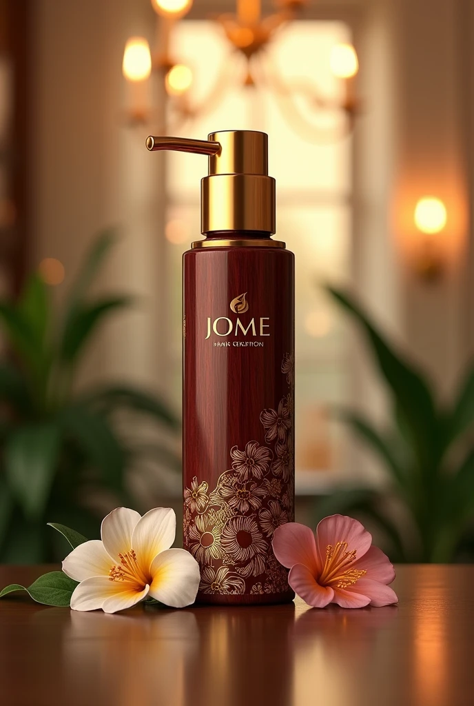Hair treatment product for damaged hair, whose container should be a premium line of gold and rosewood color with a push-type dispensing valve with an innovative design with the brand name JOME hair treatment and its respective box