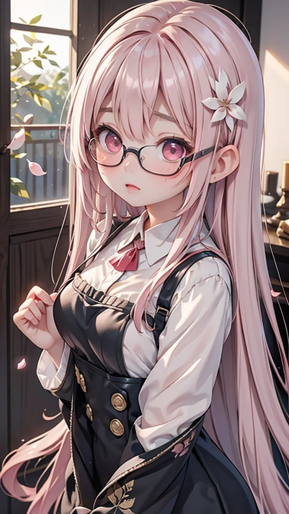 Young Asian fairy、aisha:
- Delicate, transparent wings- Large pink eyes- Medium length cherry-colored hair- Flower petal ornaments- Well-proportioned figure- Ample breasts- Wears black-rimmed glasses- Overall cute、Gentle atmosphere - Shy、Frightened expression