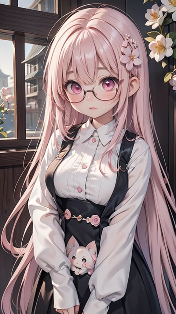 Young Asian fairy、aisha:
- Delicate, transparent wings- Large pink eyes- Medium length cherry-colored hair- Flower petal ornaments- Well-proportioned figure- Ample breasts- Wears black-rimmed glasses- Overall cute、Gentle atmosphere - Shy、Frightened expression
