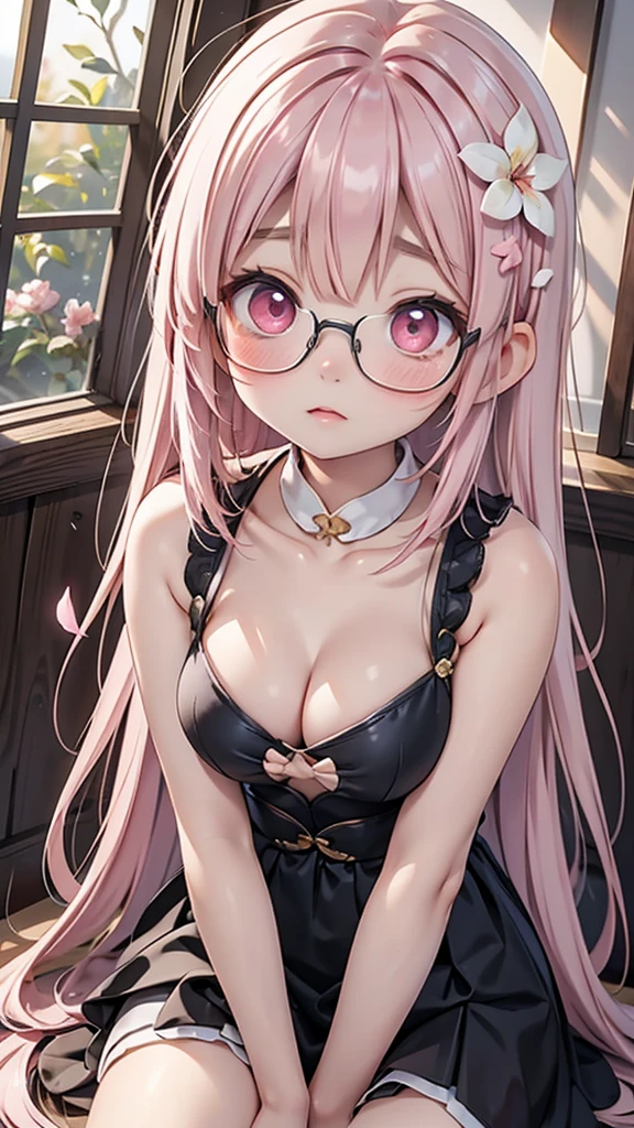Young Asian fairy、aisha:
- Delicate, transparent wings- Large pink eyes- Medium length cherry-colored hair- Flower petal ornaments- Well-proportioned figure- Ample breasts- Wears black-rimmed glasses- Overall cute、Gentle atmosphere - Shy、Frightened expression