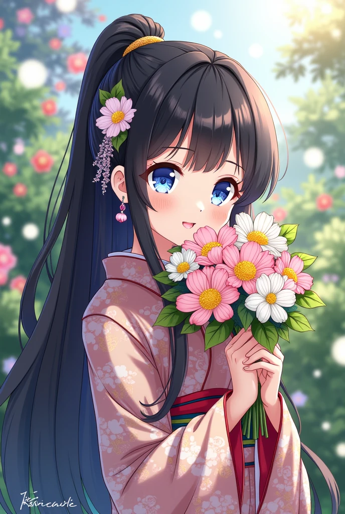 anime girl with long black hair, blue eyes, pink earring, flowers tied to the back of hair, holding bouquet of flowers to the face, wearing kimono, makeup
