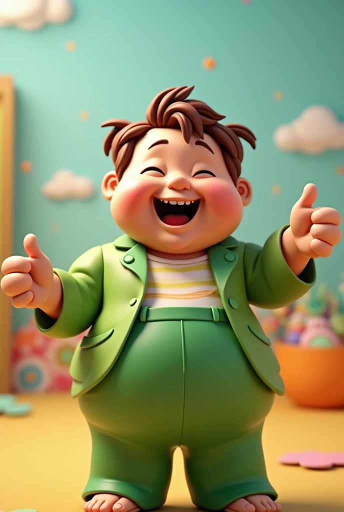 Chubby smiling 3D doll, middle-age, wearing green, giving a thumbs up, 