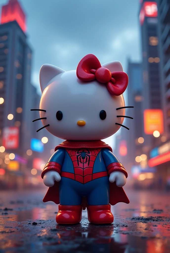 Create a Hello Kitty dressed as Spiderman, sin mascara, without cape, in a city